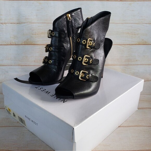 Nine West Leather Mohawkit Peep Toe Heeled Ankle Boots Booties Buckle Black 8M - Picture 4 of 16